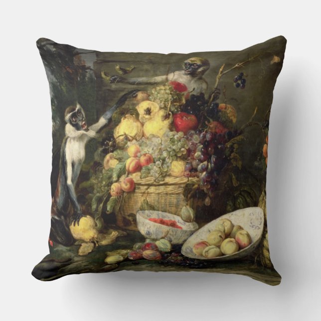 Three Monkeys Stealing Fruit (oil on canvas) Throw Pillow (Front)