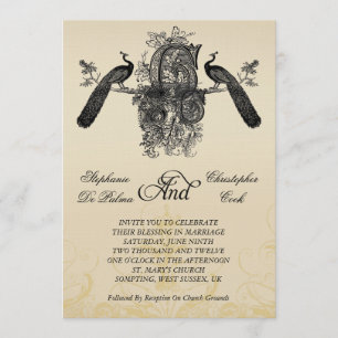 Three Monogram Peacocks Vintage Wedding Invitation