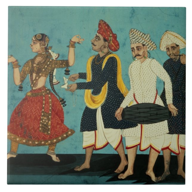 Three musicians and a dancing girl, Tanjore, Tamil Tile (Front)