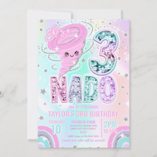 Three Nado Rainbow Glitter 3rd Birthday Party Invitation