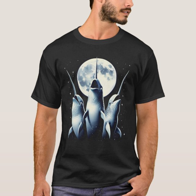 Three Narwhals Howling at Moon Like Three Wolves T-Shirt (Front)