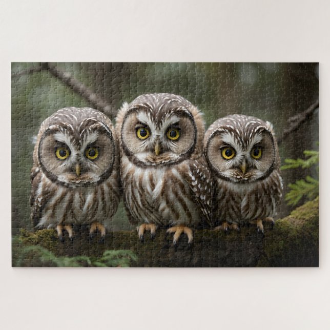 Three Northern Saw-whet Owlets | Owl Lovers Jigsaw Puzzle (Horizontal)