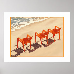 Three orange beach chairs poster