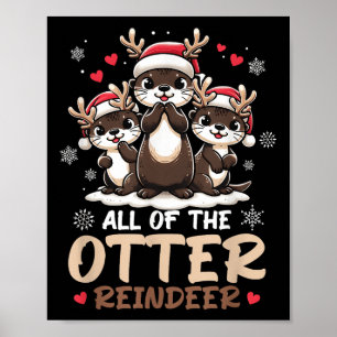 Three Otter Reindeer Santa Hat Deer Merry Christma Poster