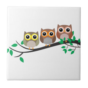 Three Owls on a Tree Branch cute drawing Tile