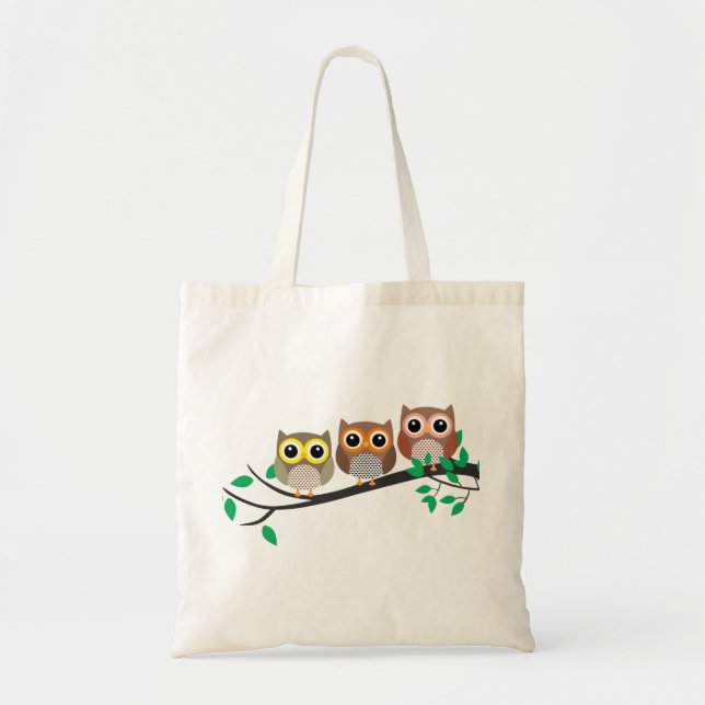 Three Owls on a Tree Branch cute drawing Tote Bag (Front)