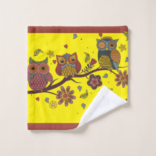 Three owls on branch bath towel set