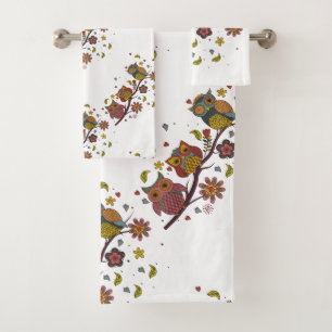 Three owls on branch bath towel set