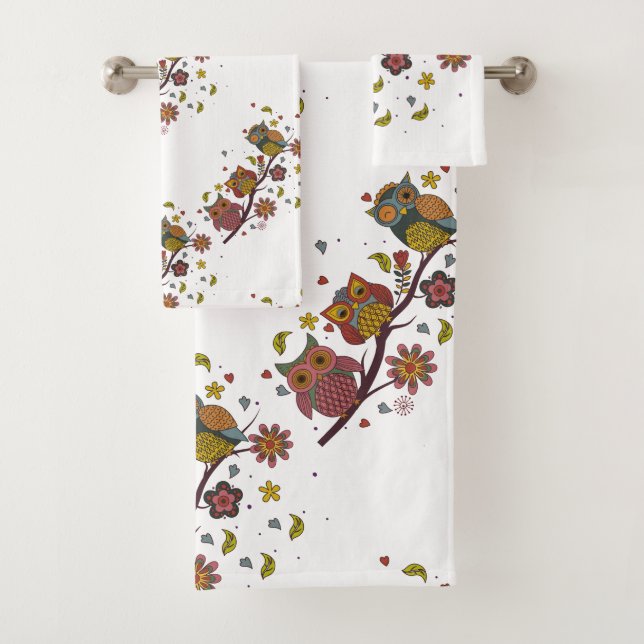 Three owls on branch bath towel set (Insitu)