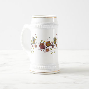 Three owls on branch beer stein