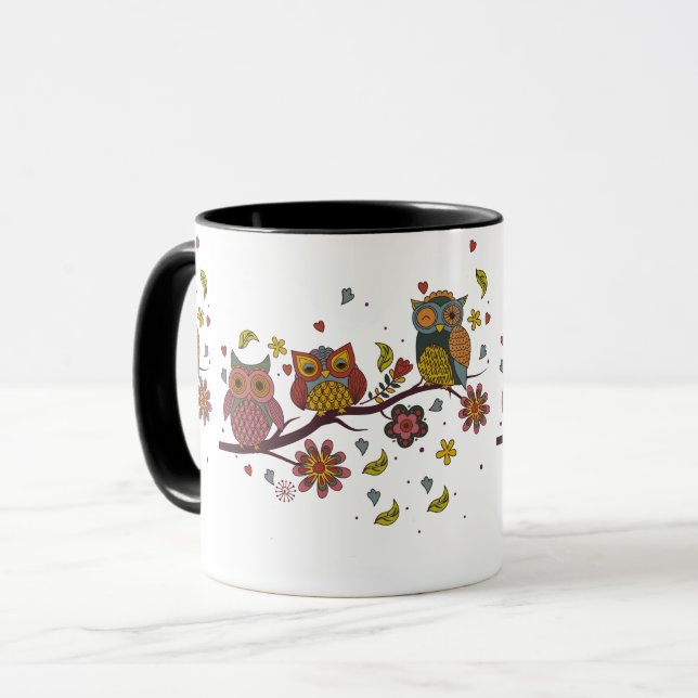 Three owls on branch mug (Front Left)