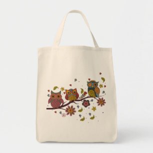 Three owls on branch tote bag