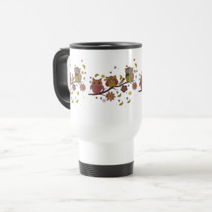 Three owls on branch travel mug