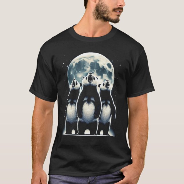 Three Pandas Howling at Moon Like Three Wolves T-Shirt (Front)