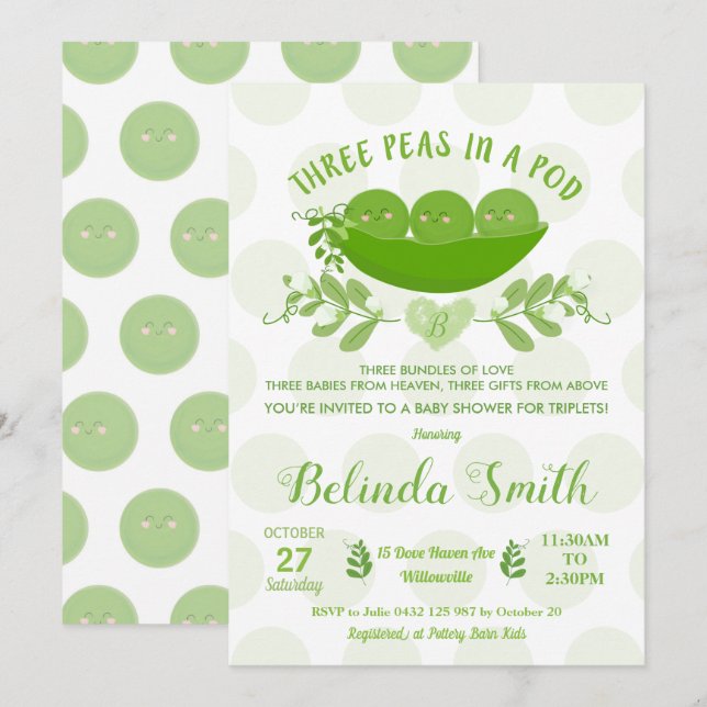 Three Peas in a Pod Triplets Baby Shower Neutral Invitation (Front/Back)