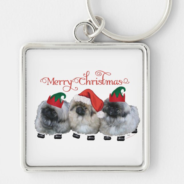 Three Pekingese Puppies Christmas Keychain (Front)