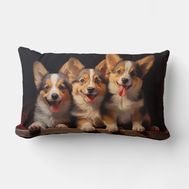 Three Pembroke Welsh Corgis Lumbar Pillow (Front)