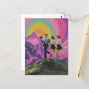 Three People Skating on the Mountain Ridge Surreal Postcard
