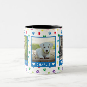 Three Pet Photos Names Blue Colourful Paw Prints Two-Tone Coffee Mug