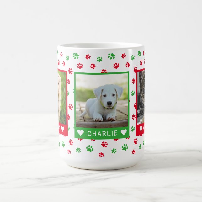 Three Pet Photos Names Red Green Paw Prints Coffee Mug (Center)