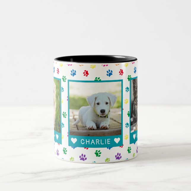 Three Pet Photos Names Teal Colourful Paw Prints Two-Tone Coffee Mug (Center)