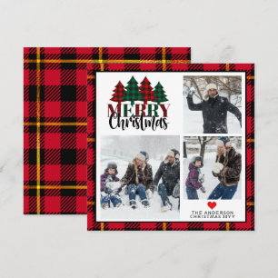 Three Photo Christmas Plaid Season’s Greetings  Holiday Card