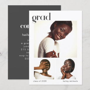Three Photo Collage Graduation Party Grey Invitation