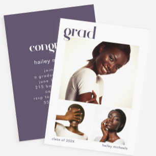 Three Photo Collage Graduation Party Purple Invitation