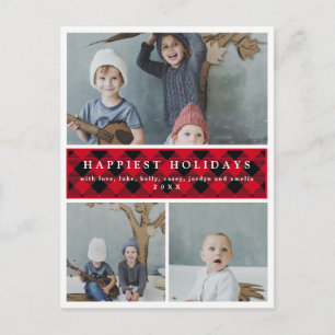 Three Photo Collage Red Plaid Custom Holiday Postcard
