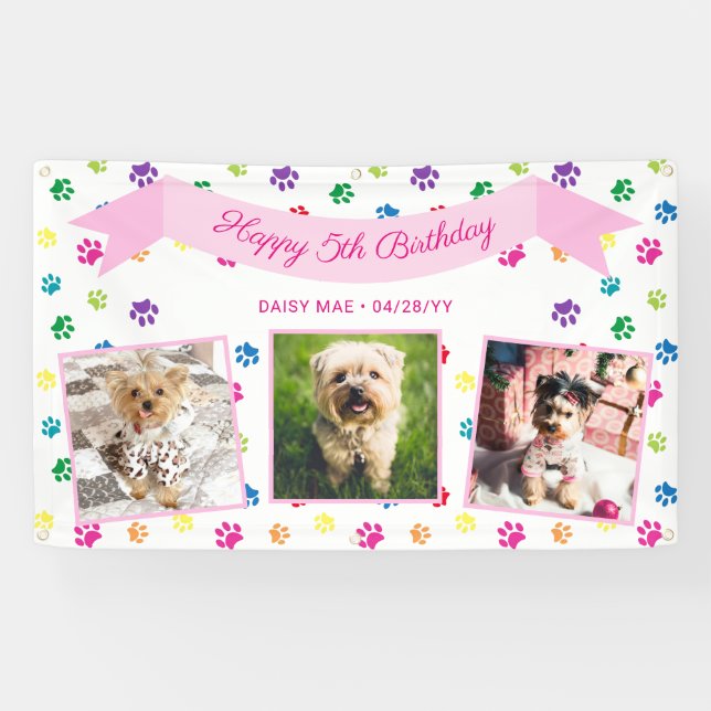 Three Photo Colourful Paw Prints Pink Pet Birthday Banner (Horizontal)