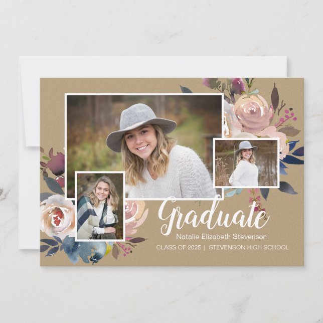 Three Photo Floral Typography Graduation Party Invitation (Front)