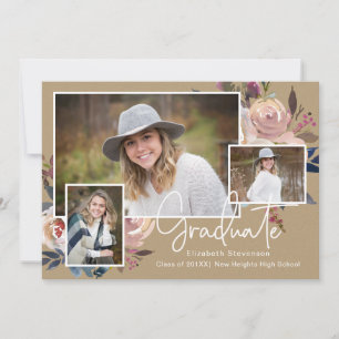 Three Photo Flower Personalized Graduation Party Invitation