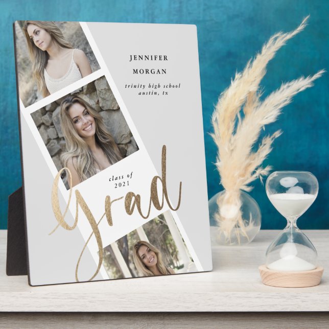 three photo gold graduation photo announcement plaque (Side)