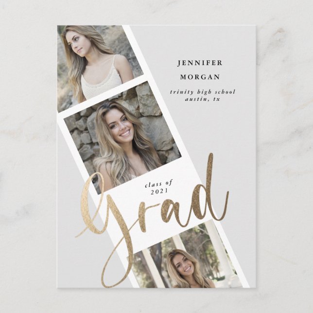 three photo gold graduation photo announcement postcard (Front)