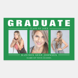 Three Photo Graduation Collage Green White Sticker