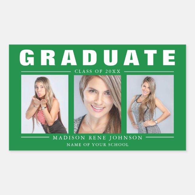 Three Photo Graduation Collage Green White Sticker (Front)