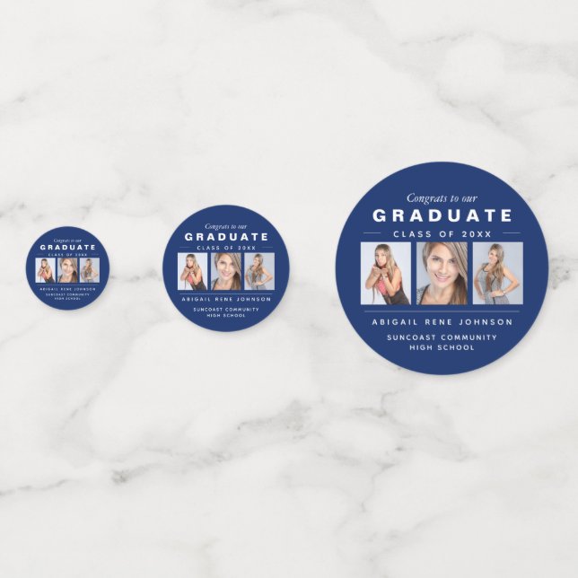 Three Photo Graduation Collage Navy Blue and White Confetti (Fronts)