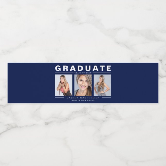 Three Photo Graduation Collage Navy Blue White Wat Water Bottle Label (Single Label)