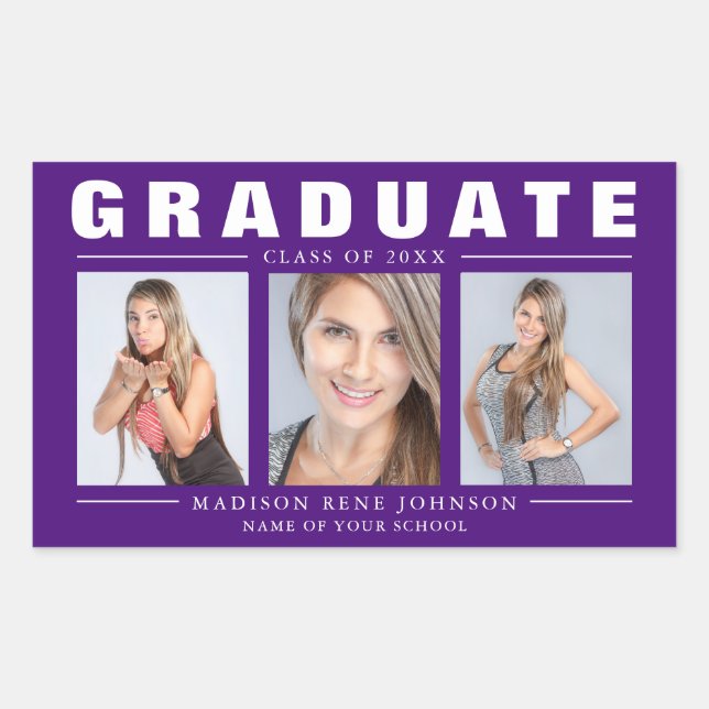 Three Photo Graduation Collage Purple Sticker (Front)