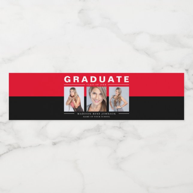 Three Photo Graduation Collage Red and Black Water Bottle Label (Single Label)