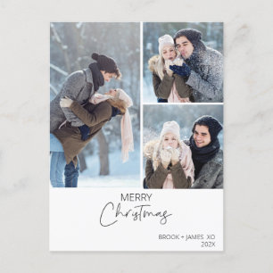 Three Photo Modern Minimalist Merry Christmas Postcard