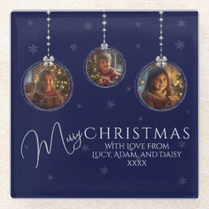Three Photo Navy And Silver Christmas Glass Coaster