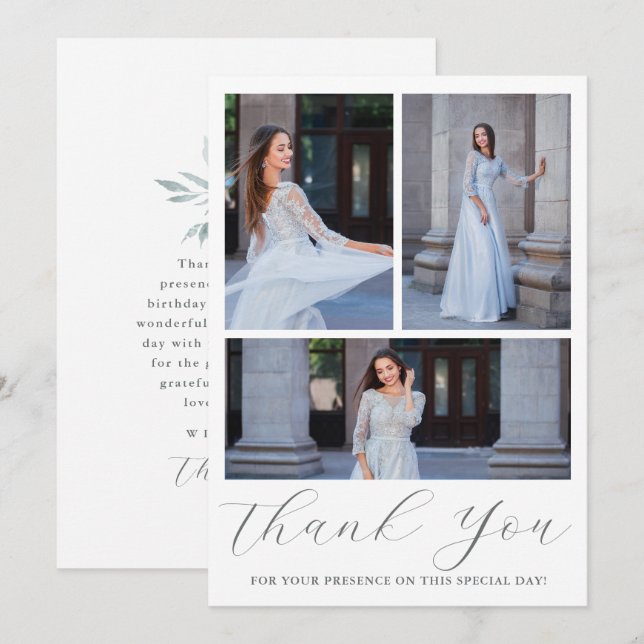 Three Photo Quinceanera Blue Floral Script Invitation (Front/Back)