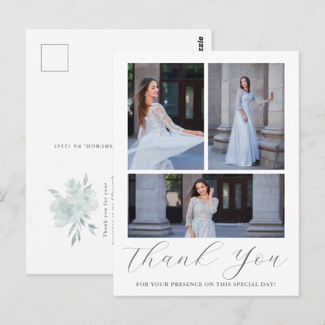 Three Photo Quinceanera Blue Floral Script Postcard (Front/Back)