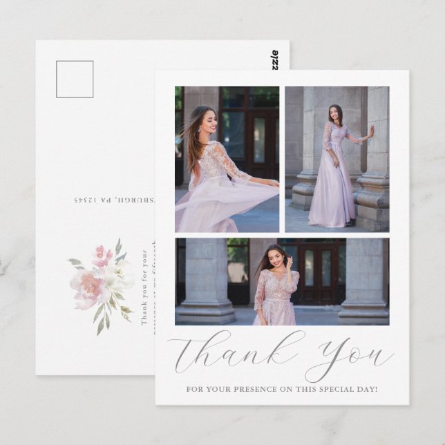 Three Photo Quinceanera Pink Floral Script Postcard (Front/Back)