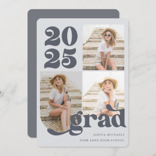 Three Photo Retro Type Blue Graduation Party Invitation