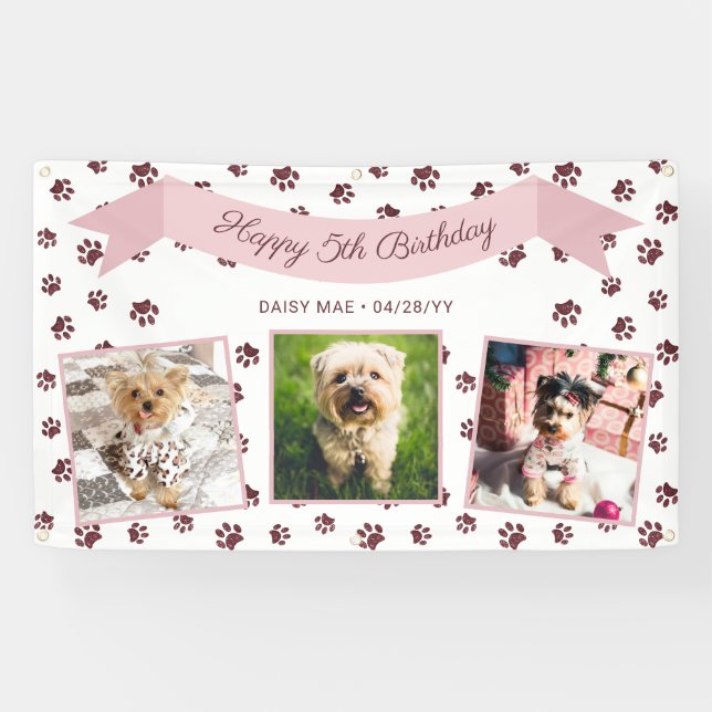 Three Photo Rose Gold Paw Prints Pet Birthday Banner (Horizontal)