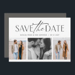 Three photo simple stylish black white save the date<br><div class="desc">This simple but stylish photo save the date card is the perfect way to announce your engagement and upcoming wedding to friends and family. The front of this save the date features a modern type treatment in black above a collage of three photos. The back is a chic charcoal grey...</div>