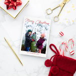 Three Photo Vertical Red Script Merry Christmas Holiday Card<br><div class="desc">This simple and modern double-sided Merry Christmas holiday card features a template for three vertical photos plus fully editable text so you can choose your favourite greeting.</div>