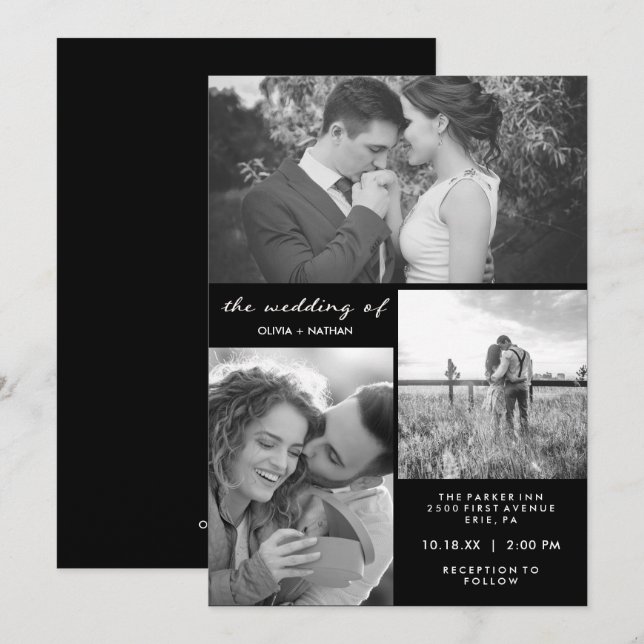 Three Photos | Black and White Wedding Invitation (Front/Back)
